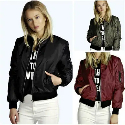 Women Bomber Jacket Olive Green Zipper Winter Jacket