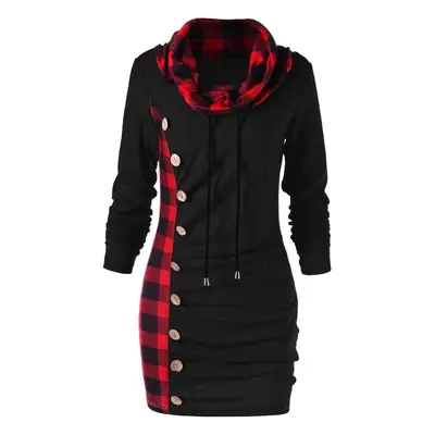 Women Black Red Plaid Hoodie Dress with Hoodie