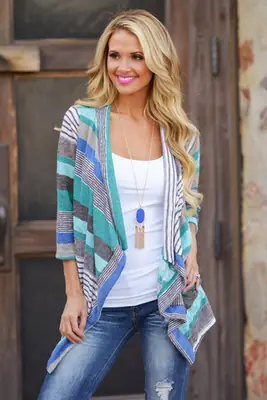 Asymmetrical Cardigan Jacket Teal Gray Blue 3Q Sleeve