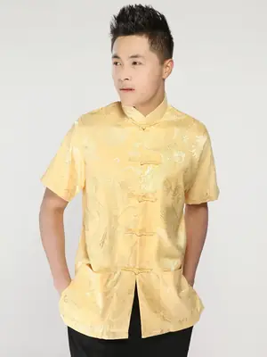 Men's Printed Yinlong Silk Top Golden Yellow Summer Ethnic