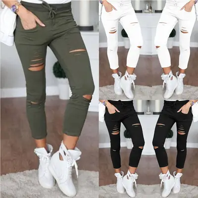 Women Ripped White Leggings High Waist Summer Wear