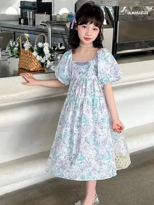 Girls Floral Jacquard Dress Square Neck Puff Sleeve