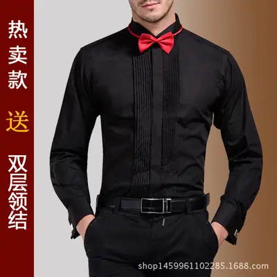 Men Black Long Sleeve Shirt with Red Bow Tie