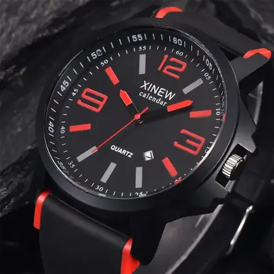 Xinew Black Silicone Date Sports Quartz Watch