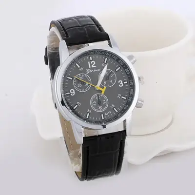 Men's Black Leather Belt Chronograph Watch with 3 Subdials