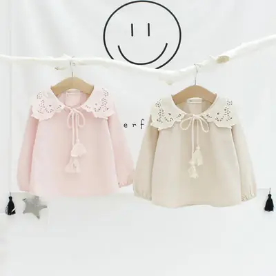Girls Shirts Spring Autumn Tassel Lace Cotton Linen Long Sleeve