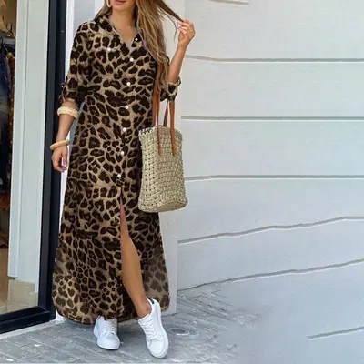 Women Leopard Print Long Skirt Split Dress