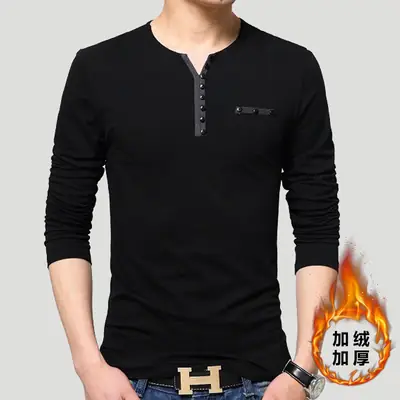 Men's Winter Velvet Padded V-Neck T-Shirt Black