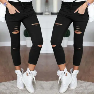 White Ripped Casual Pencil Pants with White Sneakers