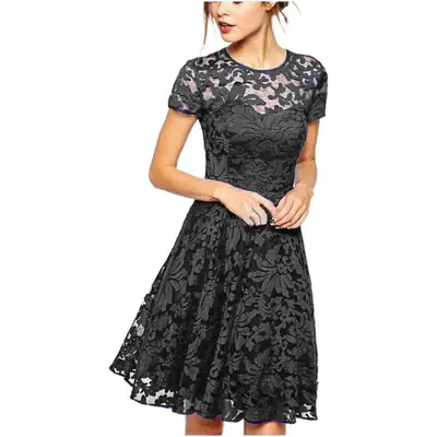 Black Lace Round Neck Short Sleeve Skirt Dress