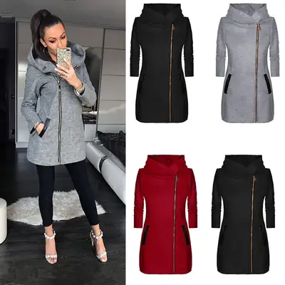 Red Hooded Zipper Coat with Velvet Fabric for Women