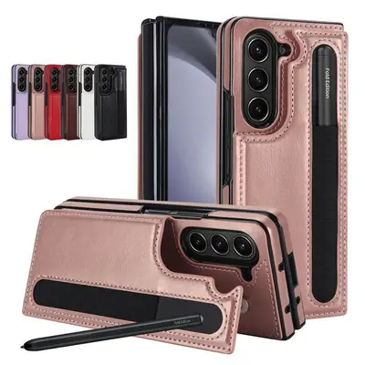 Samsung Z Fold 3 Leather Phone Case with Pen Slot Red