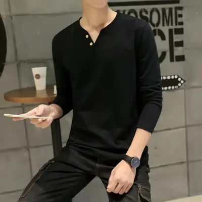 Men's Grey Long Sleeve V-Neck T-Shirt Slim Fit