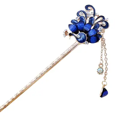 Pink Peacock Diamond Hairpin with Tassel