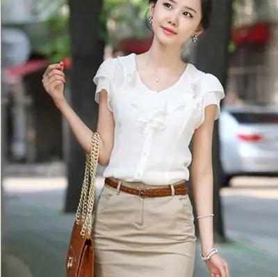 2025 Korean Style Chiffon Ruffled Blouse White Collar