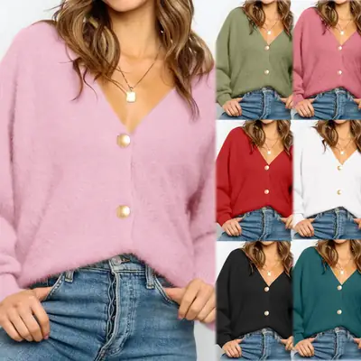 Women's Pink V-Neck Backless Button Cardigan Knit