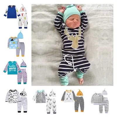 Baby Pajamas Set Blue Paw Print Long Sleeve Top & Pants with Hat