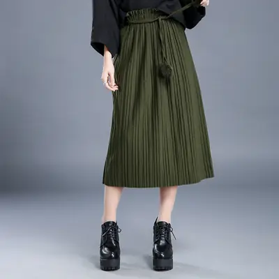 Women's Wool Pleated Skirt Green Ball Pom Pom High Waist