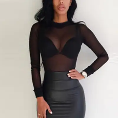 Black See-Through Elastic Top with Long Sleeves for Women