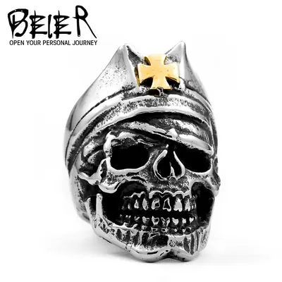 Beier Vintage Punk Skull Ring Gold Cross Military Fan