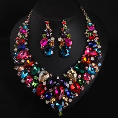 European & American Super Crystal Gem Necklace Earrings Set
