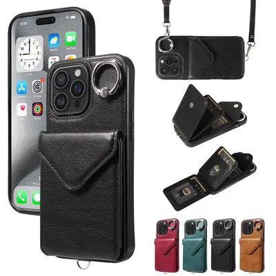 Black Leather Phone Case with Ring Buckle & Strap
