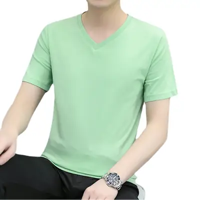 Men V-neck Short Sleeve Green T-Shirt