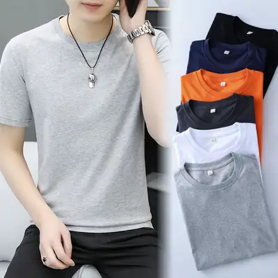 Men Cotton Round Neck T-Shirt Gray Short Sleeve