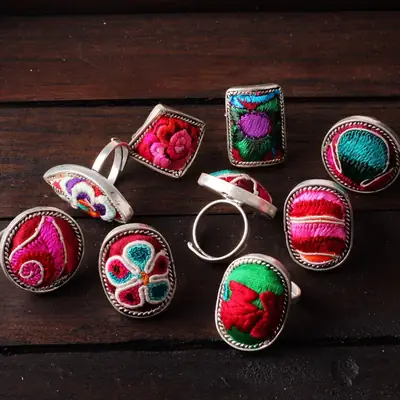 Stall Ethnic Miao Silver Ring with Embroidered Design