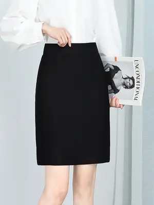 Black Elastic Slimming Skirt Mid-Height Professional Work Plus Size