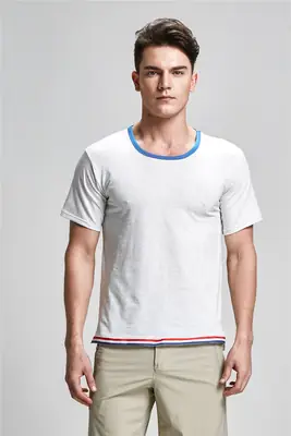 Men Cotton T-Shirt Orange White Blue Trim Casual Unisex