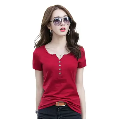 2025 Korean Style V-neck Button T-shirt Pink Small