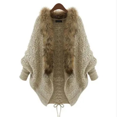 Knitted Fur Collar Sweater for Women Beige
