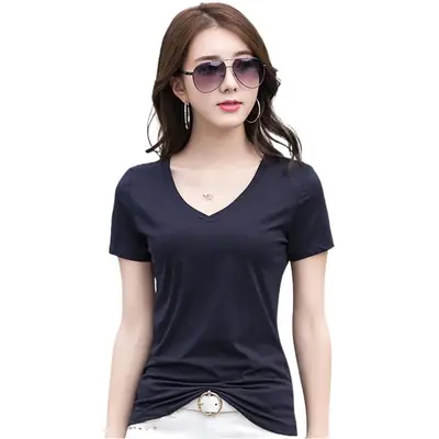 2025 V-neck Green Cotton T-shirt Women Short Sleeve
