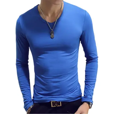 Men's White V-Neck Long Sleeve T-Shirt Slim Fit