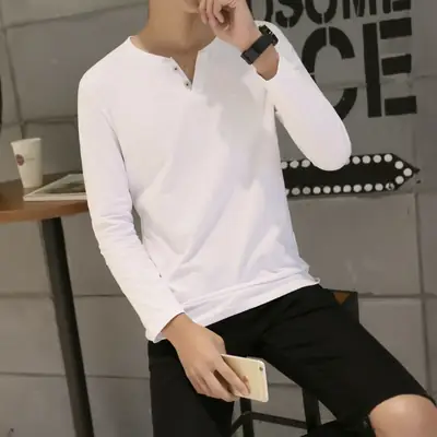 Men Long-Sleeved Red Cotton T-Shirt