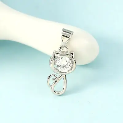 Kitten Diamond Necklace Silver Women's Pendant