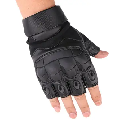Outdoor Tactical Half-Finger Gloves Black Leather Motorcycle