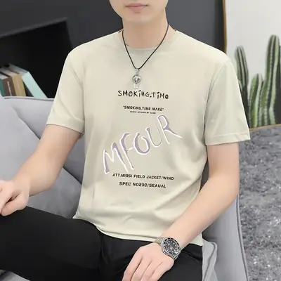 Men Printed Grey T-Shirt Short Sleeve Round Neck