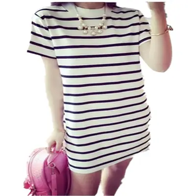 2025 Women Striped T-Shirt Mid Length Korean Style