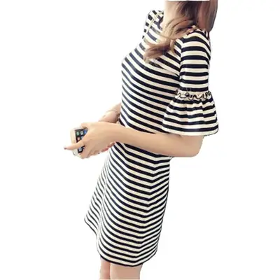 Women Korean Style Striped Mid-Length Dress Loose Fit
