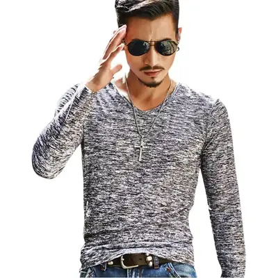 Men's Maroon Marbled Long Sleeve T-Shirt Slim Fit Casual