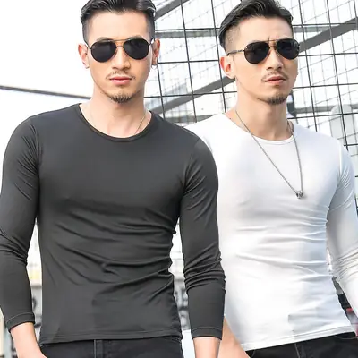 Men V-Neck Long Sleeve T-Shirt Black White