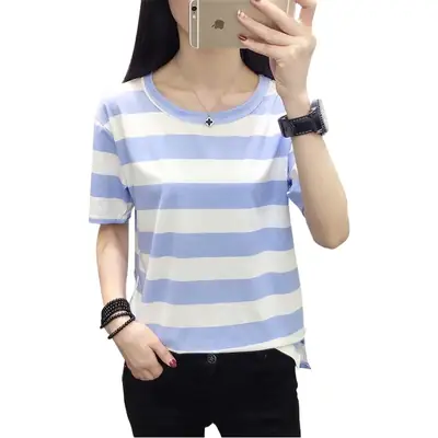 Women Striped T-Shirt Yellow White Loose Summer Top