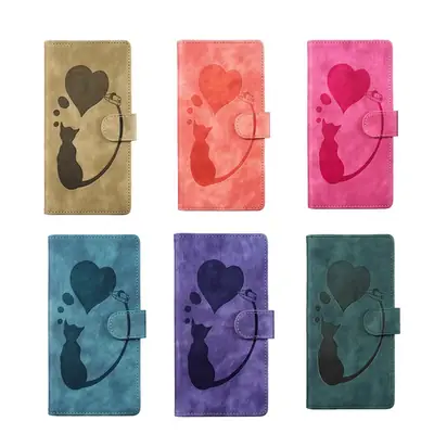 Purple Heart Cat Embossed Leather Mobile Case for iPhone 17