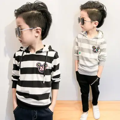 2022 Korean Style Striped Hooded T-Shirt for Boys Girls