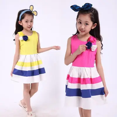 Girls Striped Cotton Dress Yellow Blue 2022