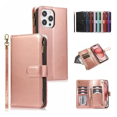 Crazy Horse Leather 9-Card Zipper Phone Case for iPhone 16 Pro Max