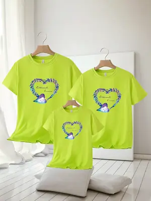 Family of Three Orange Heart Printed T-Shirts for Kids