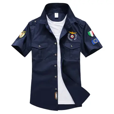 Men Navy Blue Short Sleeve Shirt with Embroidered Patches